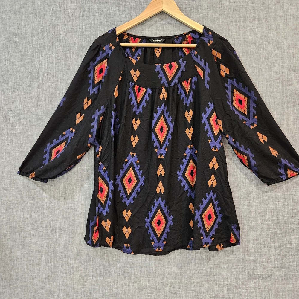 Lucky Brand Womens 1X Plus Boho Peasant Blouse Black Aztec Geometric 3/4 Sleeve
